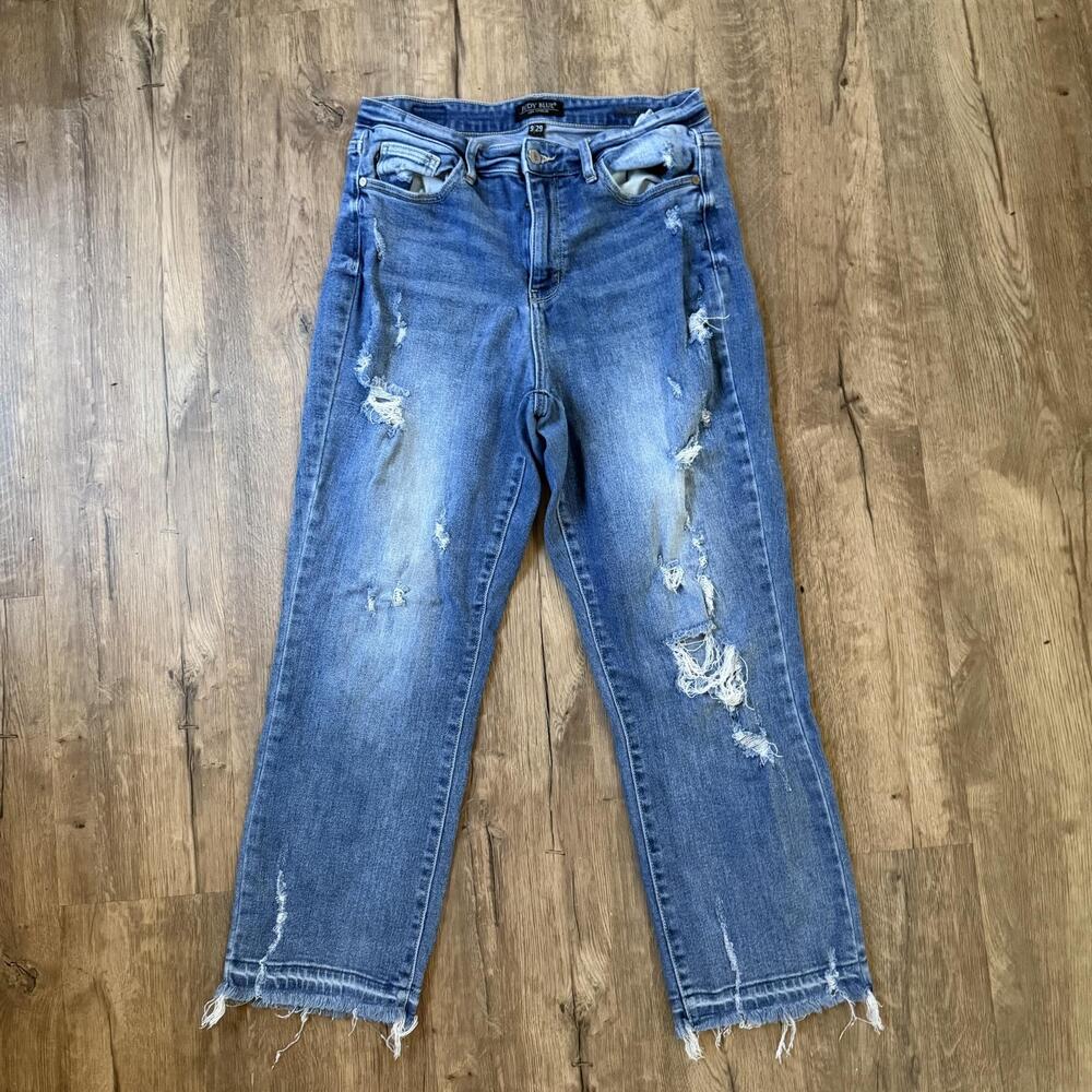 Judy Blue Jeans Womens 9 Blue Straight Crop Distressed Fringe Hem Stretch
